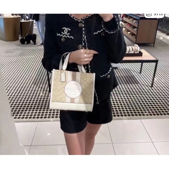 Coach small Beige Signature Jacquard Cream Leather Stripe Dempsey 22 Satchel - Picture 14 of 15